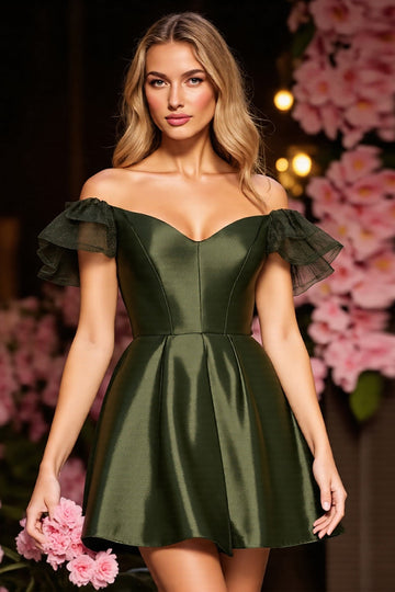 Off The Shoulder Satin Army Green Short Cocktail Dress